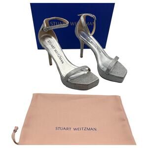 Stuart Weitzman Nudist Party 95 Ankle Strap Platform Heels Sandals Silver 8.5B
